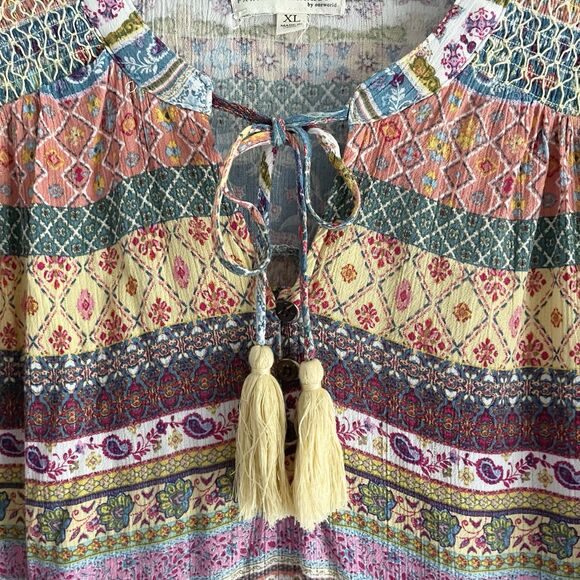 Farmers Market Boho Tunic Top XL Peasant Flowy Colorful Print Casual Keyhole - Picture 8 of 11